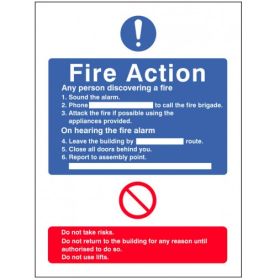 General Fire Action Sign With Lift Information 